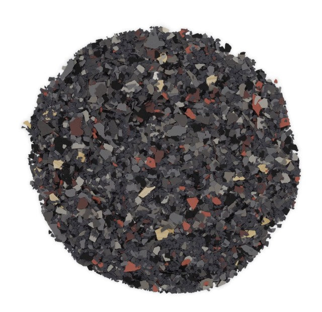 Sample pile of Blacktop 1/4" hybrid epoxy flake showing its rich, colorful blend over a dark base.