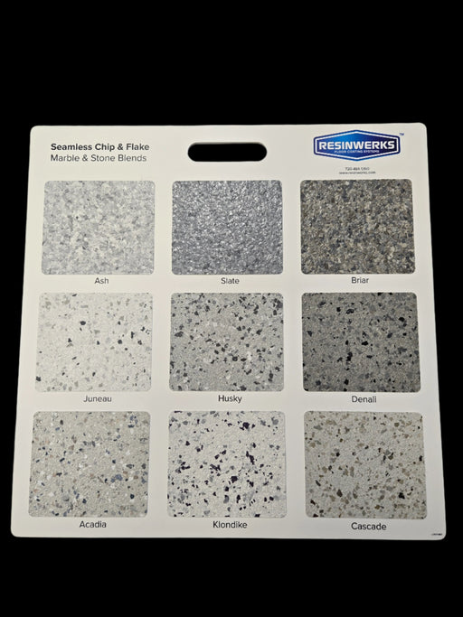 Resinwerks Flake Sample Board – Marble & Stone Blends (Ash, Slate, Briar, Juneau, etc.)

