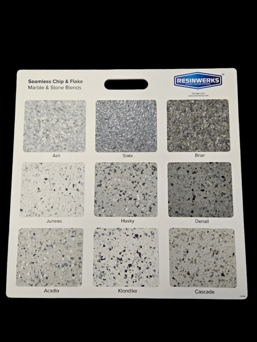 Resinwerks Flake Sample Board – Marble & Stone Blends (Ash, Slate, Briar, Juneau, etc.)

