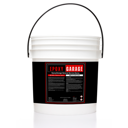 White bucket with black label featuring 'Epoxy Garage' on a white background