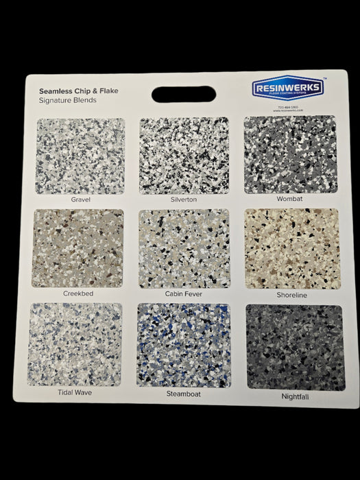 Resinwerks Flake Sample Board – Signature Blends (Wombat, Gravel, Shoreline, etc.)