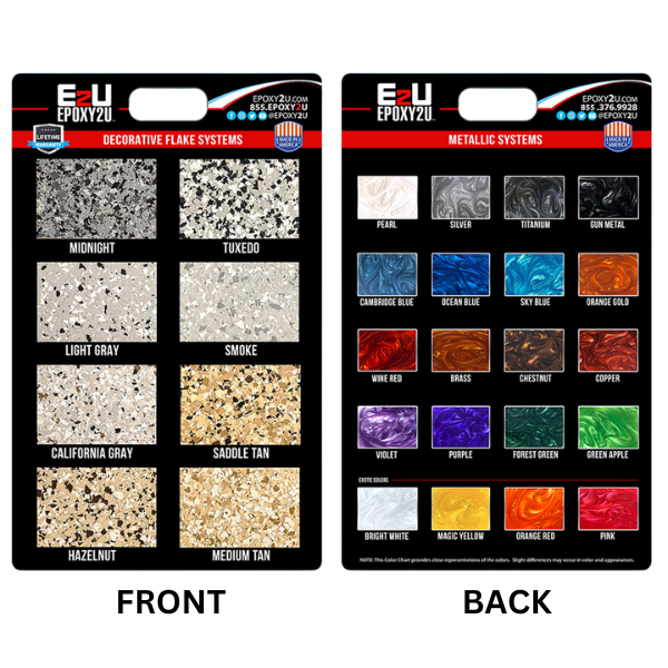 Flake & Metallic Epoxy Sample Board – showcase of epoxy color and finish options