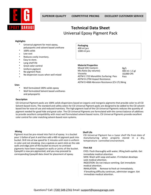 Technical data sheet for a universal epoxy pigment pack from Epoxy Garage