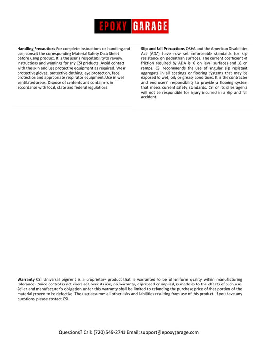Technical document with text and 'Epoxy Garage' branding on a white background