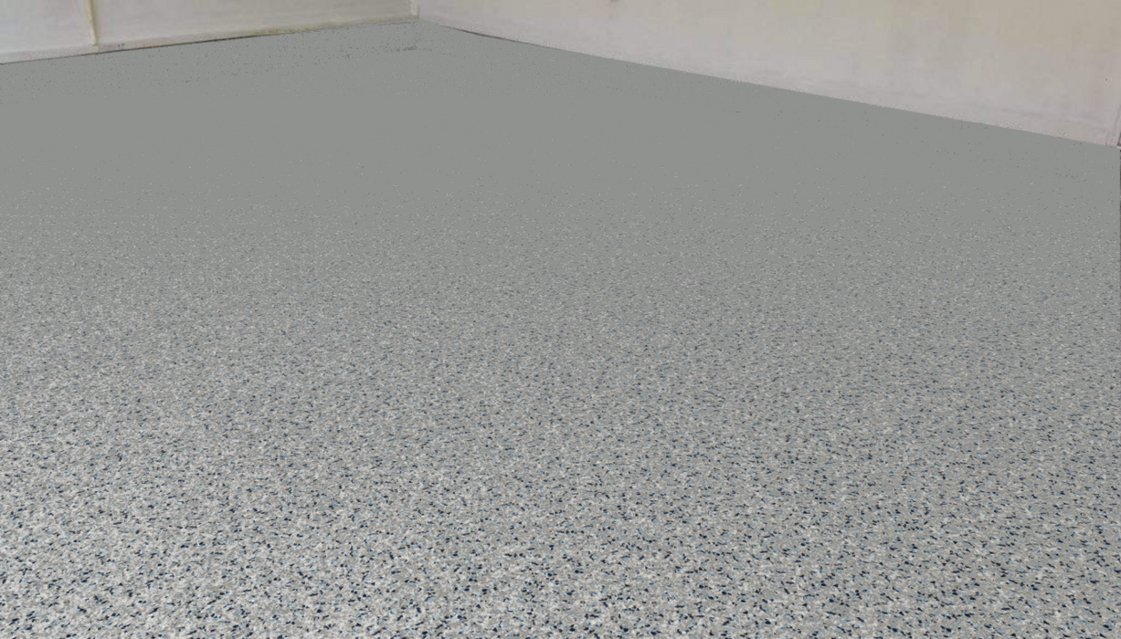 Close-up of installed Rapids 1/4" flake flooring showcasing the smooth, modern light blue-gray finish.
