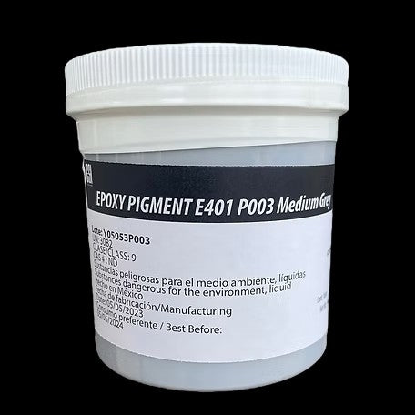 White container with a label for Epoxy Pigment E401 P003 Medium Grey on a black background